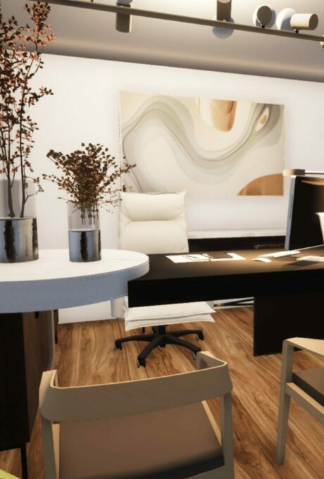 Bureau moderne avec chaise blanche, plantes et décoration murale