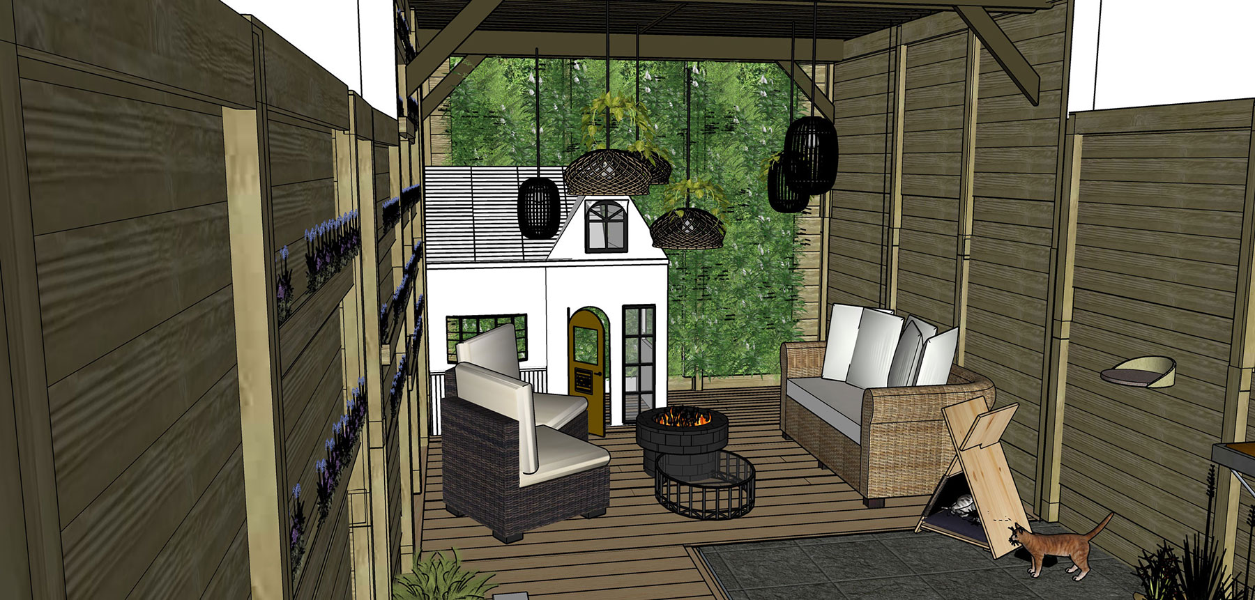 Décoration extérieure jardin moderne bois plan 3D