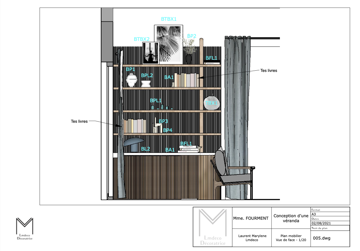 Plan d'une bibliothèque en bois sur mesure