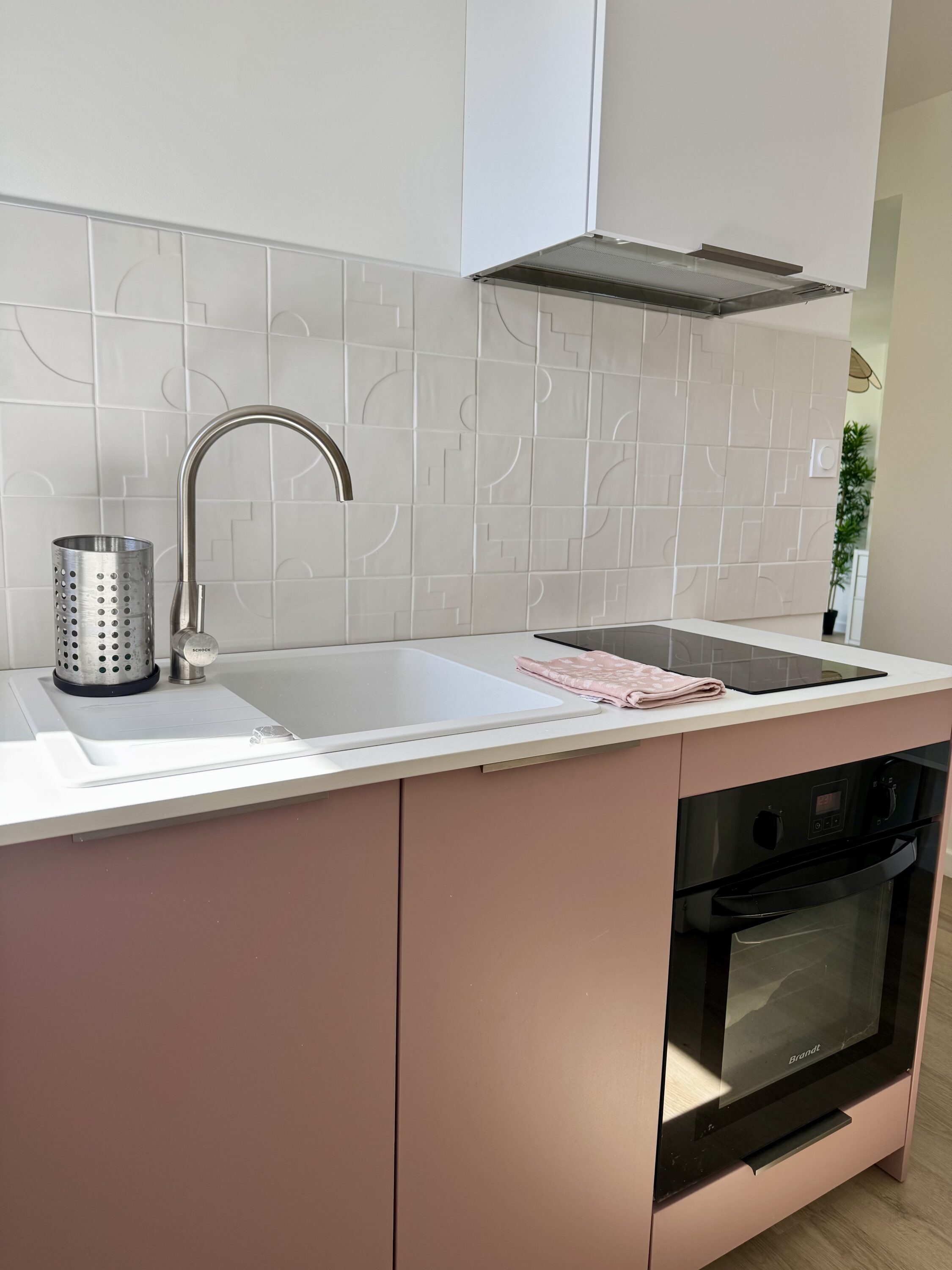 Cuisine moderne avec évier, robinet, plaque de cuisson, four, dosseret blanc, armoires roses, architecte intérieur toulouse