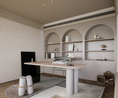 pièce réservée au bureau avec arches décoratives