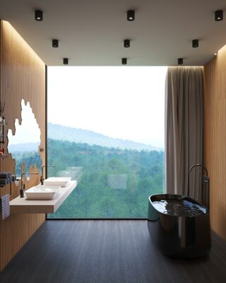 salle de bain avec très belle vue, baignoire noire et meuble suspendu