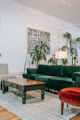 salon très contemporain avec canapé vert et fateuil rouge