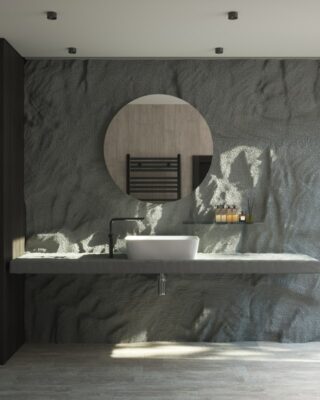 meuble vasque suspendus avec mur en pierre