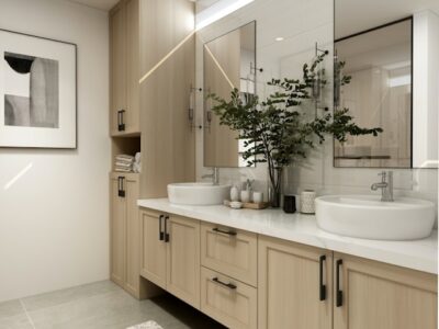 salle de bain avec meuble lavabo beige et vasques à poser