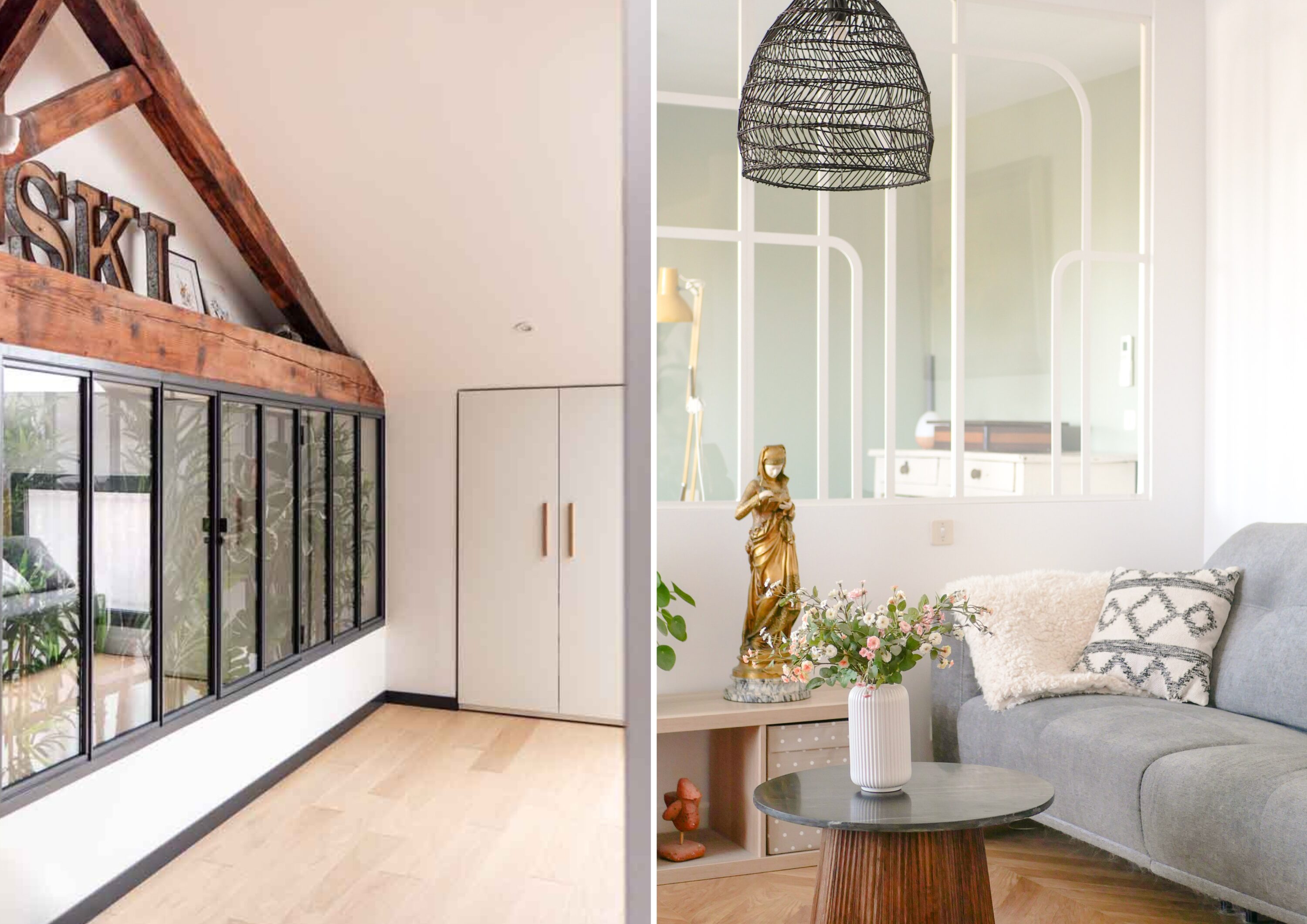 Intérieur moderne avec canapé, statue et verrière.