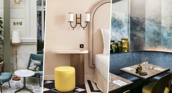 Intérieur moderne avec canapés bleus, tabouret jaune, table à manger, luminaires, architecte intérieur toulouse