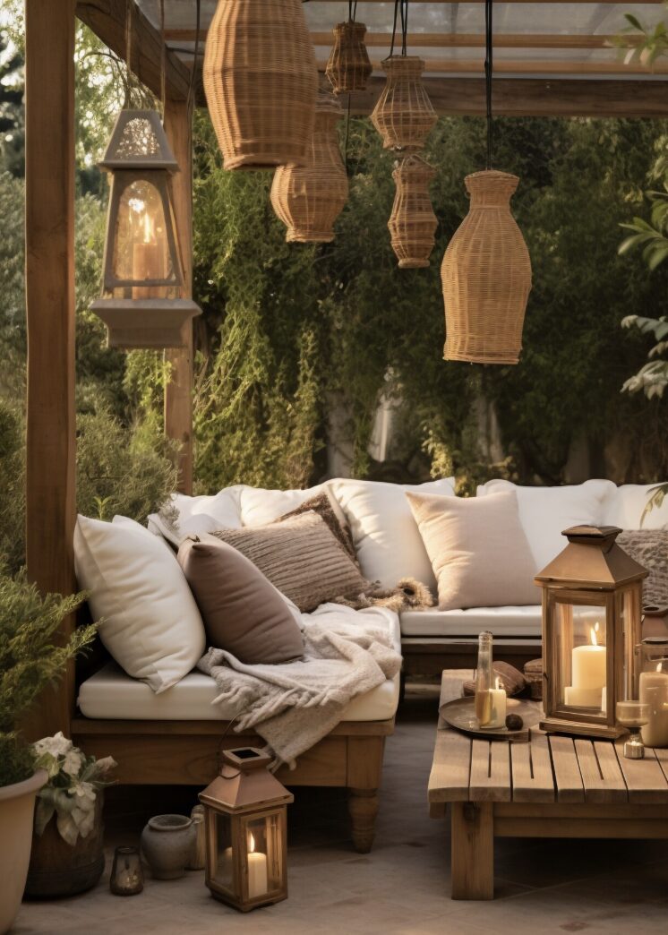 Patio extérieur avec canapés, lanternes, coussins, décor intérieur toulouse